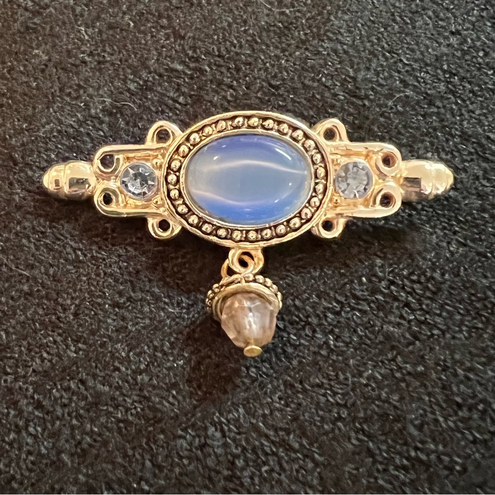 Vintage Blue Cabochon Silver Tone Brooch w/ Crystal Pendant Scarf Coat Pin 2”